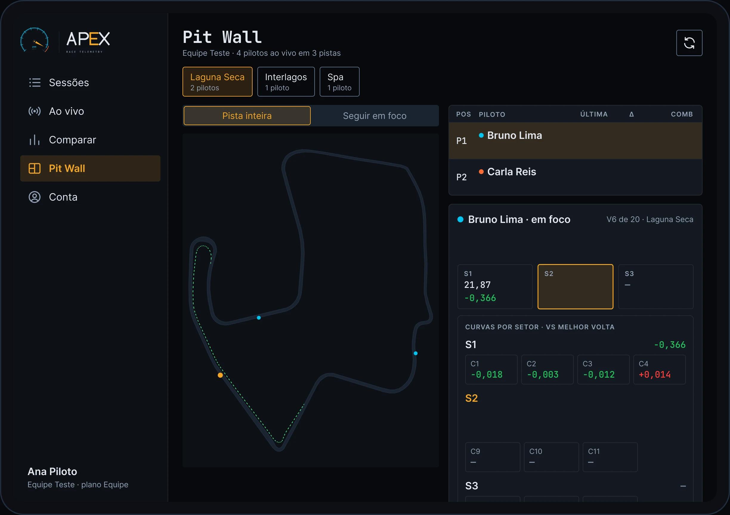 Pit Wall do app APEX no tablet, em simulação: pilotos da equipe ao vivo, com mapa, posição, última volta e delta